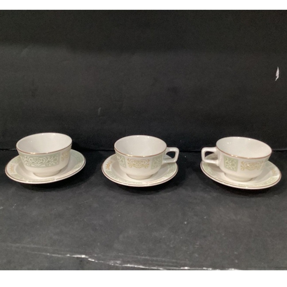 Homer Laughlin Best China MD Restaurantware Green & Gold 3 Cups & Saucers